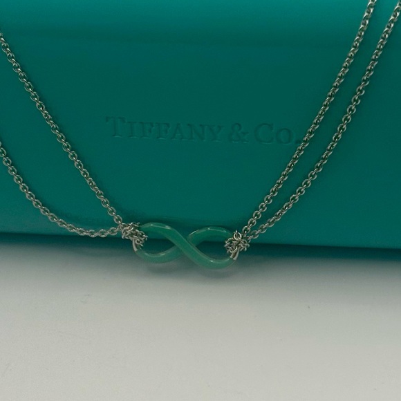 Tiffany & Co. Blue Enamel Infinity Pendant Necklace Double Chain - Picture 2 of 11